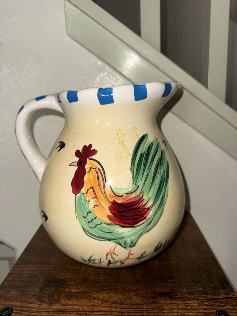 Hand-Painted Ceramic Rooster Pitcher in Cream and Green by